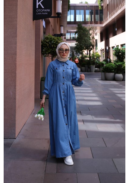 Düğmeli Uzun Kot Tesettür Elbise Açık Mavi indirimleri