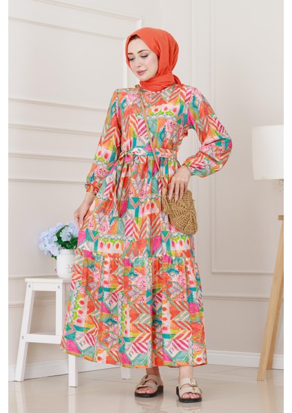 Etnik Desenli Kuşaklı Prenses Elbise-Turuncu