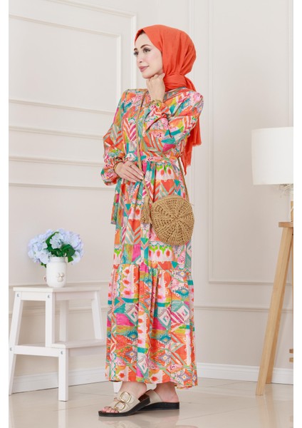 Etnik Desenli Kuşaklı Prenses Elbise-Turuncu fiyatları