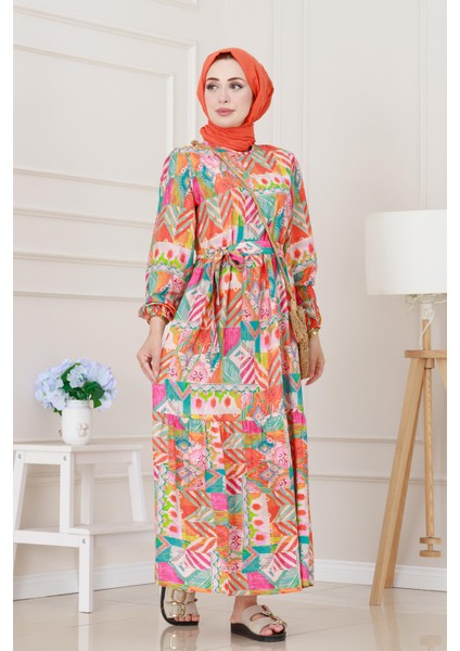 Etnik Desenli Kuşaklı Prenses Elbise-Turuncu modelleri