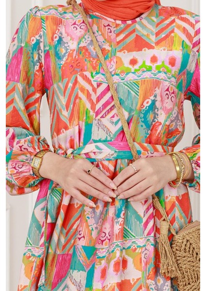 Etnik Desenli Kuşaklı Prenses Elbise-Turuncu fırsatları