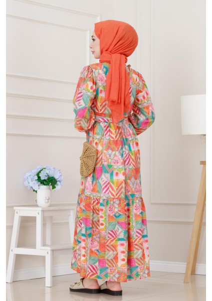 Etnik Desenli Kuşaklı Prenses Elbise-Turuncu indirimleri