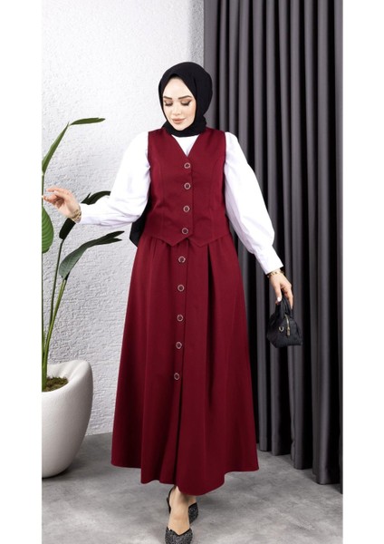 Kadın Düğmeli Yeleği Astarlı Etekli 2 Li Takım