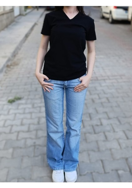 Clemantıs Kadın Organik Pamuk V Yaka Kısa Kollu Body Yüksek Kalite Düz Renk