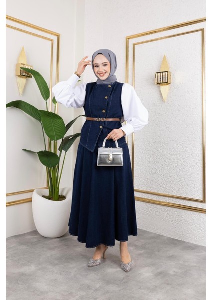 Kadın 2li Kot Takım Kemerli Yelek Etek modelleri