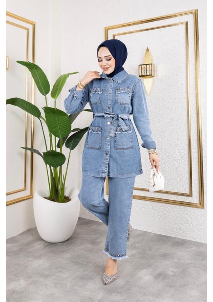 Kadın Taş Detaylı 2li Takım Kot Ceket Pantolon fırsatları