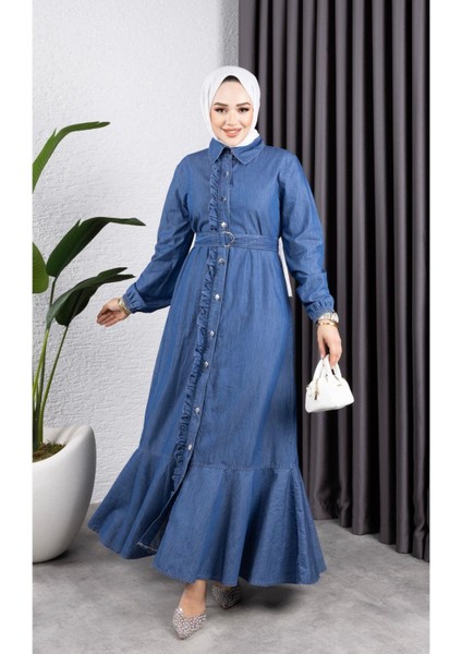 Kadın Fırfır Detaylı Kuşaklı Kot Elbise