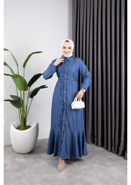 Kadın Fırfır Detaylı Kuşaklı Kot Elbise modelleri