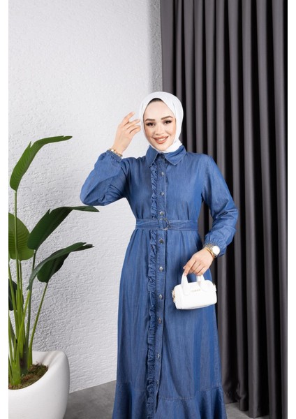 Kadın Fırfır Detaylı Kuşaklı Kot Elbise indirimleri