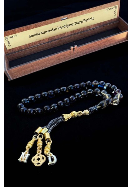 Sertifikalı Usta Işçilikli Siyah Ateş Kehribar Tesbih Kişiye Özel Ahşap Kutulu Harfli
