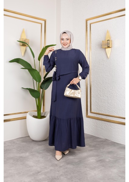 Kadın Bağlama Detaylı Çilek Kumaş Lacivert Elbise