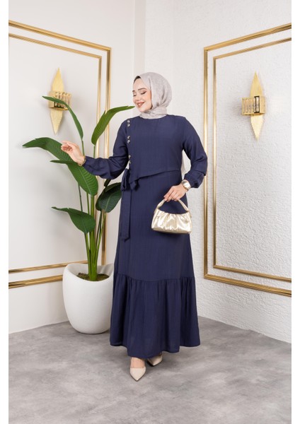 Kadın Bağlama Detaylı Çilek Kumaş Lacivert Elbise modelleri