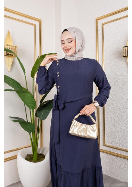 Kadın Bağlama Detaylı Çilek Kumaş Lacivert Elbise fırsatları