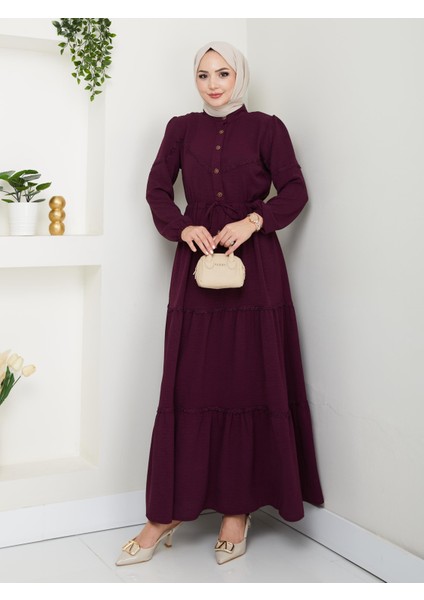 Kadın Dantel Detaylı Bel Bağcıklı Gül Kurusu Ayrobin Elbise modelleri