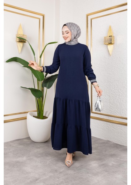 Kadın Kat Kat Ribanalı Lacivert Tesettür elbise modelleri
