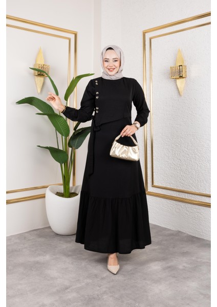Kadın Bağlama Detaylı Çilek Kumaş Siyah Elbise