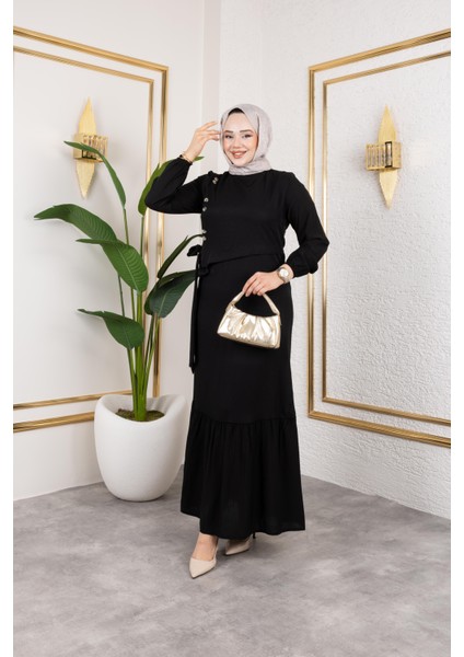 Kadın Bağlama Detaylı Çilek Kumaş Siyah Elbise fiyatları