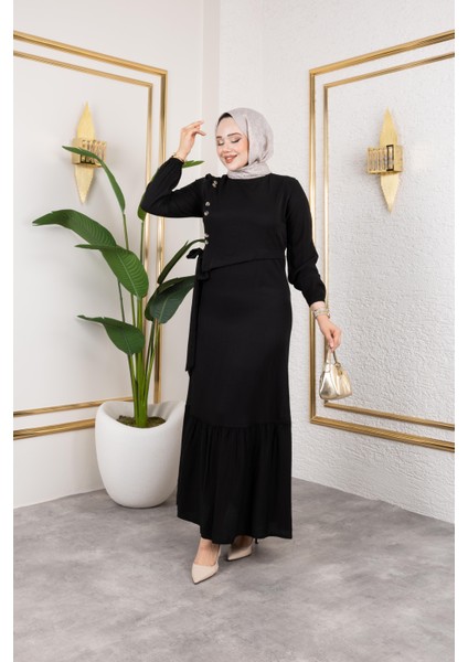 Kadın Bağlama Detaylı Çilek Kumaş Siyah Elbise modelleri
