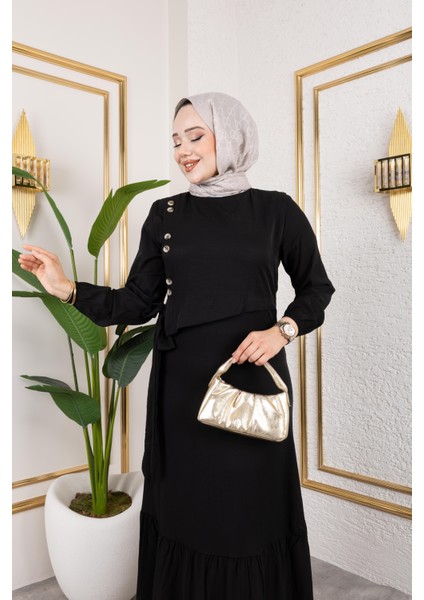 Kadın Bağlama Detaylı Çilek Kumaş Siyah Elbise fırsatları