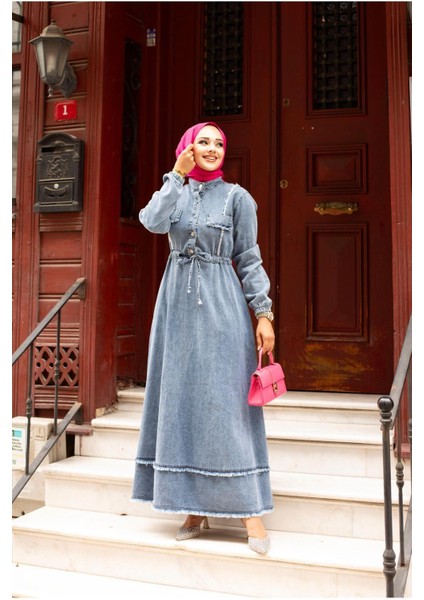 Kadın Püsküllü Denim Kot Elbise
