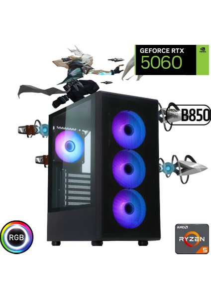 Ryzen 5 7500F 32GB Ddr5 2tb SSD Rtx 5060 B850 Wi Fi Anakart Masaüstü Bilgisayar