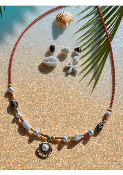 Incili Midye, Cam Inci, Midye Kabuğu Detaylı Yaz Tatili Büyüsü Kırmızı Kum Boncuk Kadın Kolye modelleri