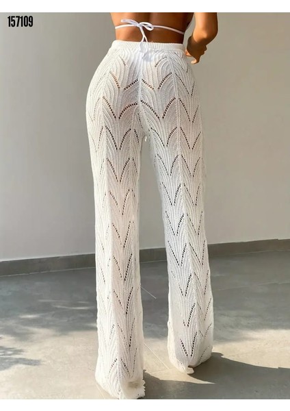 Kadın Yüksek Bel Bağcıklı Desenli Triko Plaj Pantolon
