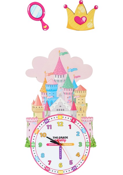 Ahşap Şato Temalı Çocuk Odası Duvar Saati Eğitici Saat Çocuk Odası Saati Dekoratif Saat