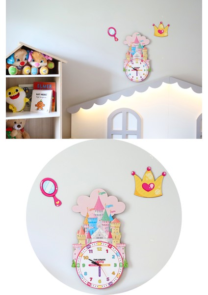 Ahşap Şato Temalı Çocuk Odası Duvar Saati Eğitici Saat Çocuk Odası Saati Dekoratif Saat