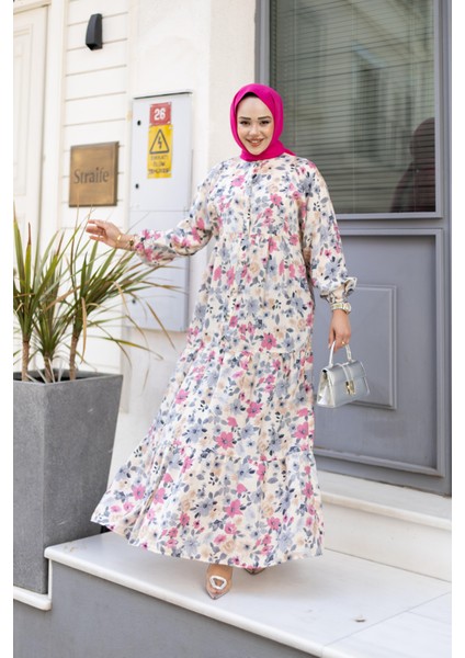 Kadın Düğmeli Desenli Gül Kurusu Modal Elbise