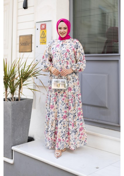 Kadın Düğmeli Desenli Gül Kurusu Modal Elbise modelleri