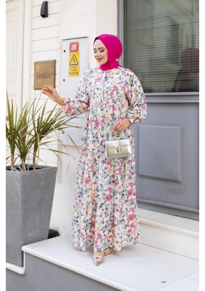 Kadın Düğmeli Desenli Gül Kurusu Modal Elbise indirimleri