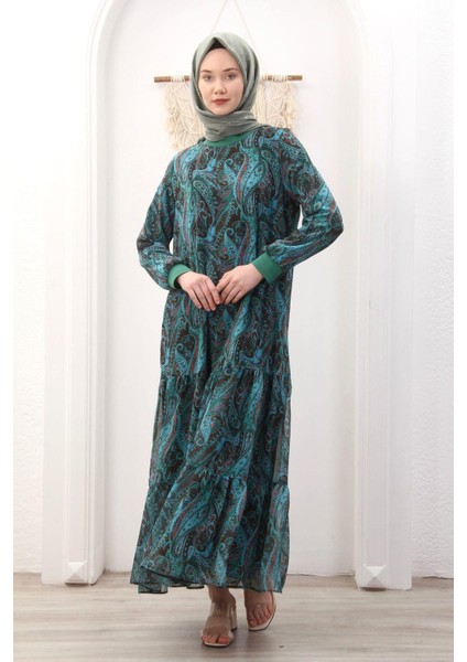 Kadın Astarlı Şifon Desenli Elbise modelleri