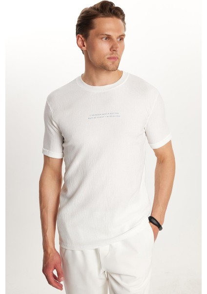 Erkek Slim Fit Dar Kesim Pamuklu Ribanalı Baskılı Beyaz Bisiklet Yaka Tişört fiyatları