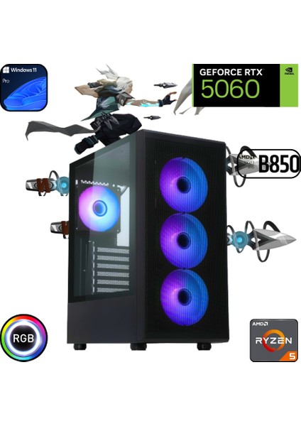 Ryzen 5 7500F 32GB Ddr5 1tb SSD Rtx 5060 B850 Wi Fi Anakart Windows 11 Pro Oyuncu Bilgisayarı