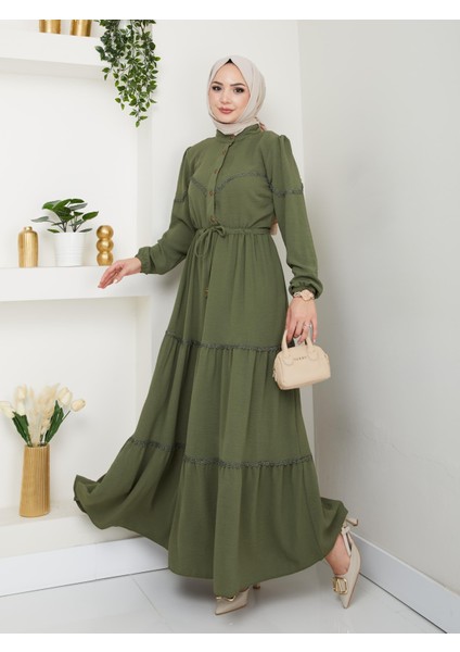 Kadın Dantel Detaylı Bel Bağcıklı Haki Ayrobin Elbise