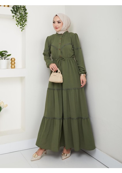 Kadın Dantel Detaylı Bel Bağcıklı Haki Ayrobin Elbise fiyatları