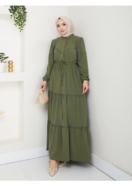 Kadın Dantel Detaylı Bel Bağcıklı Haki Ayrobin Elbise modelleri