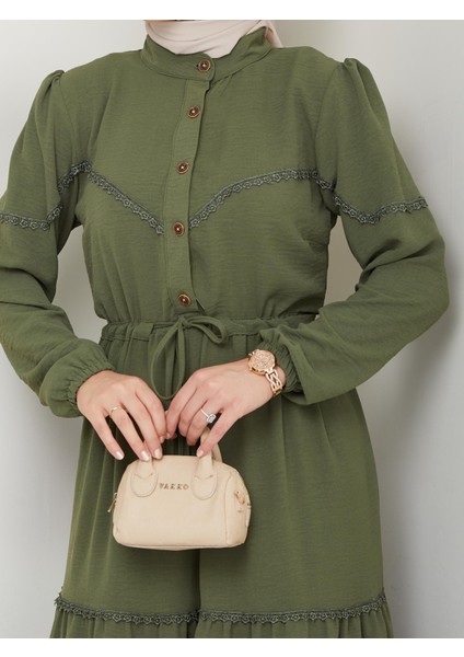 Kadın Dantel Detaylı Bel Bağcıklı Haki Ayrobin Elbise fırsatları