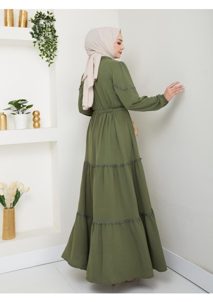 Kadın Dantel Detaylı Bel Bağcıklı Haki Ayrobin Elbise indirimleri