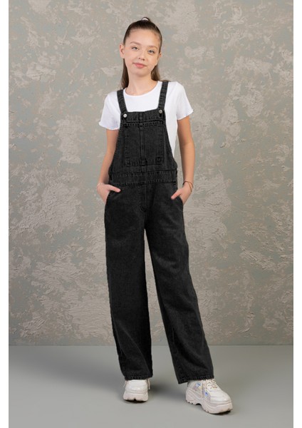 Rahat Geniş Paça Cepli Denim Salopet Jean Kız Çocuk Tulum