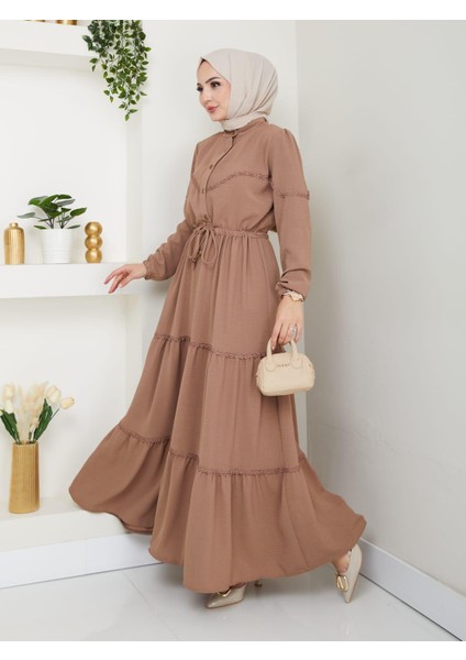 Kadın Dantel Detaylı Bel Bağcıklı Bej Ayrobin Elbise