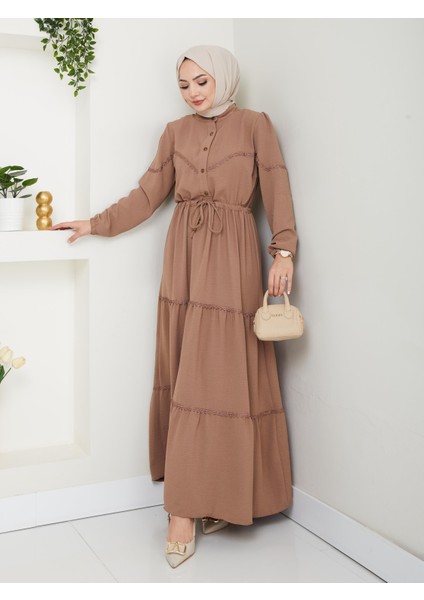 Kadın Dantel Detaylı Bel Bağcıklı Bej Ayrobin Elbise fiyatları