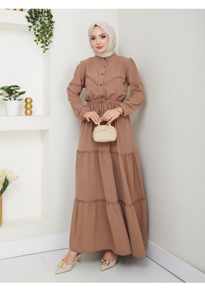 Kadın Dantel Detaylı Bel Bağcıklı Bej Ayrobin Elbise modelleri