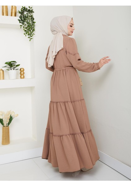 Kadın Dantel Detaylı Bel Bağcıklı Bej Ayrobin Elbise indirimleri