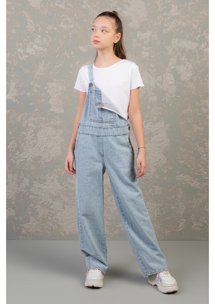 Rahat Geniş Paça Cepli Denim Salopet Jean Kız Çocuk Tulum modelleri