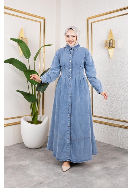 Beli Büzgülü Düğmeli Kot Elbise Mavi