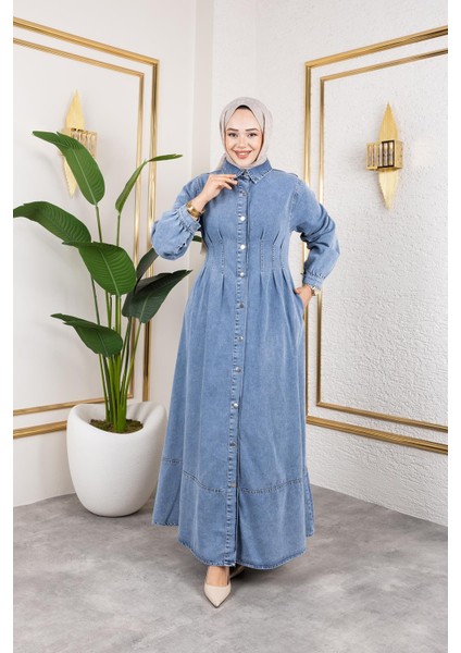 Beli Büzgülü Düğmeli Kot Elbise Mavi fiyatları