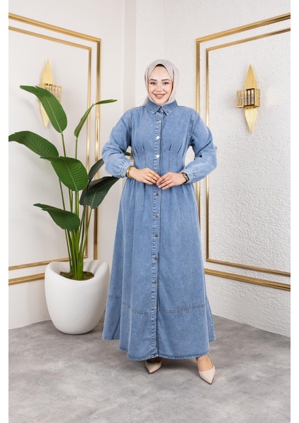 Beli Büzgülü Düğmeli Kot Elbise Mavi modelleri