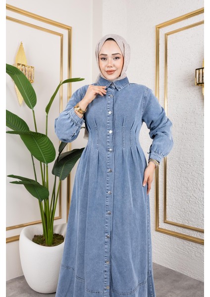 Beli Büzgülü Düğmeli Kot Elbise Mavi fırsatları